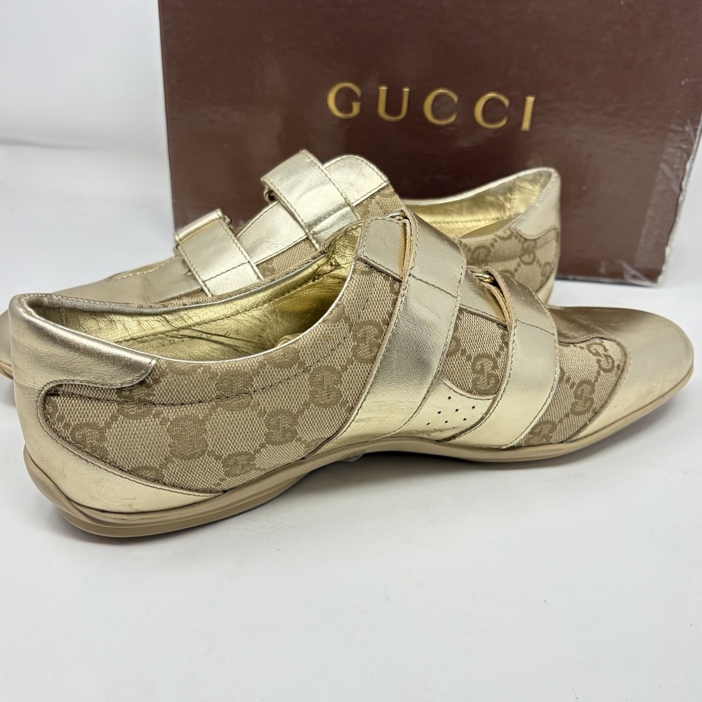 Gucci Guccissima Metallic Gold Canvas Leather‎ Hook Loop Sneakers Women 11 - Picture 10 of 15
